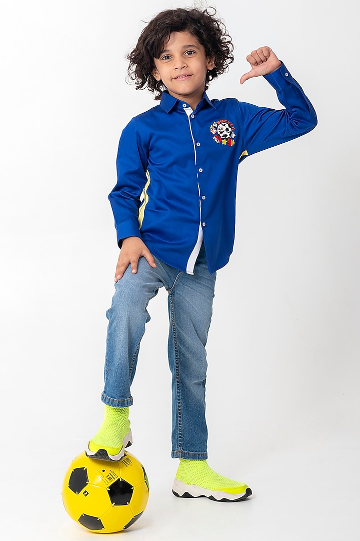 Royal Blue Cotton Resham Embroidered Shirt For Boys by Partykles at Pernia's Pop Up Shop