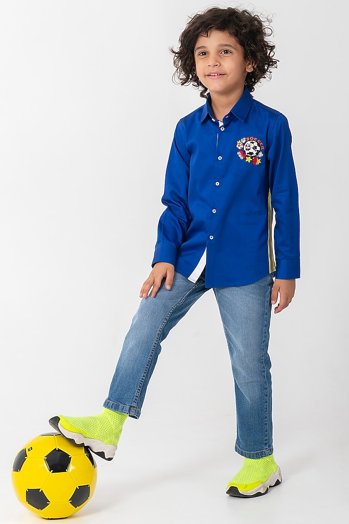 Royal Blue Cotton Resham Embroidered Shirt For Boys by Partykles at Pernia's Pop Up Shop
