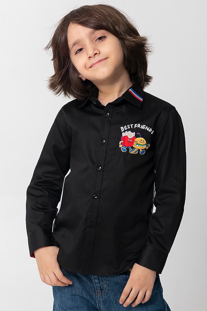 Black Cotton Resham Handwork Shirt For Boys by Partykles at Pernia's Pop Up Shop