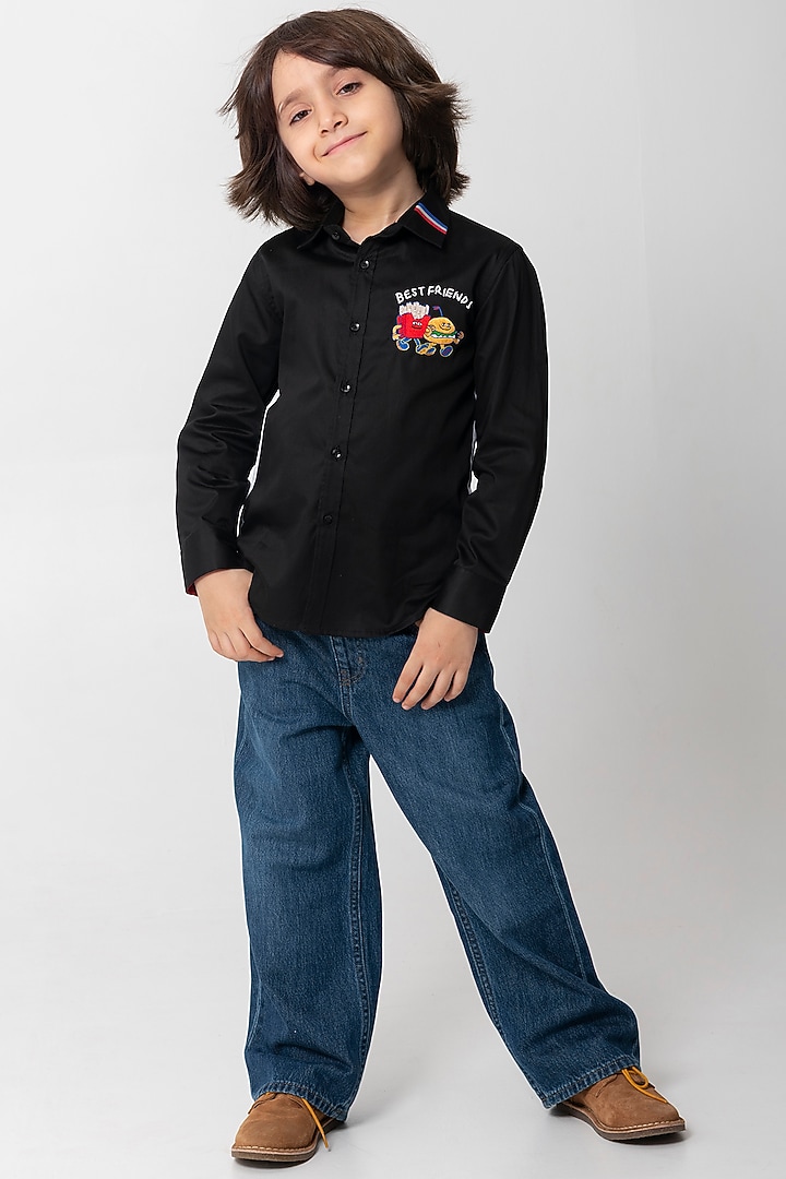 Black Cotton Resham Handwork Shirt For Boys by Partykles at Pernia's Pop Up Shop