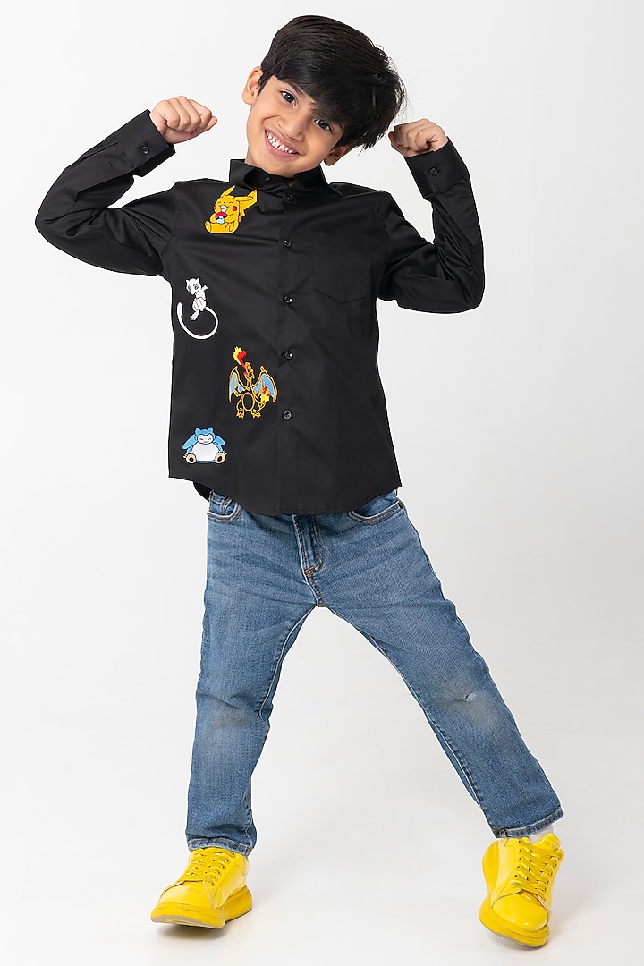 Black Cotton Resham Handwork Shirt For Boys by Partykles at Pernia's Pop Up Shop