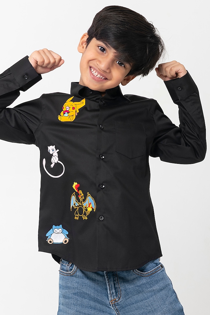 Black Cotton Resham Handwork Shirt For Boys by Partykles at Pernia's Pop Up Shop