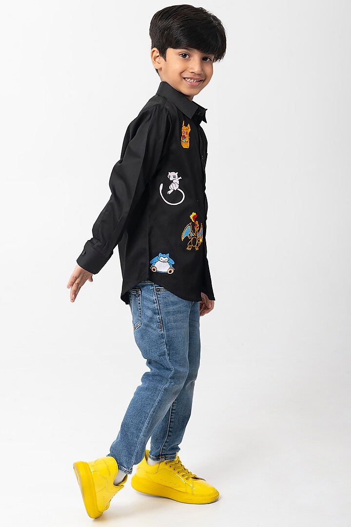 Black Cotton Resham Handwork Shirt For Boys by Partykles at Pernia's Pop Up Shop