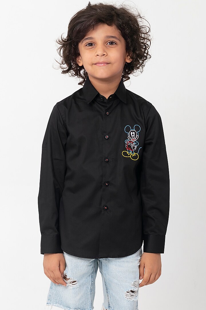 Black Cotton Cutdana Handwork Shirt For Boys by Partykles at Pernia's Pop Up Shop