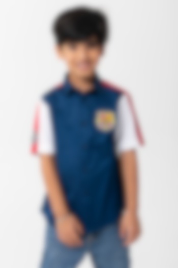 Navy Blue Cotton Resham Handwork Shirt For Boys by Partykles at Pernia's Pop Up Shop