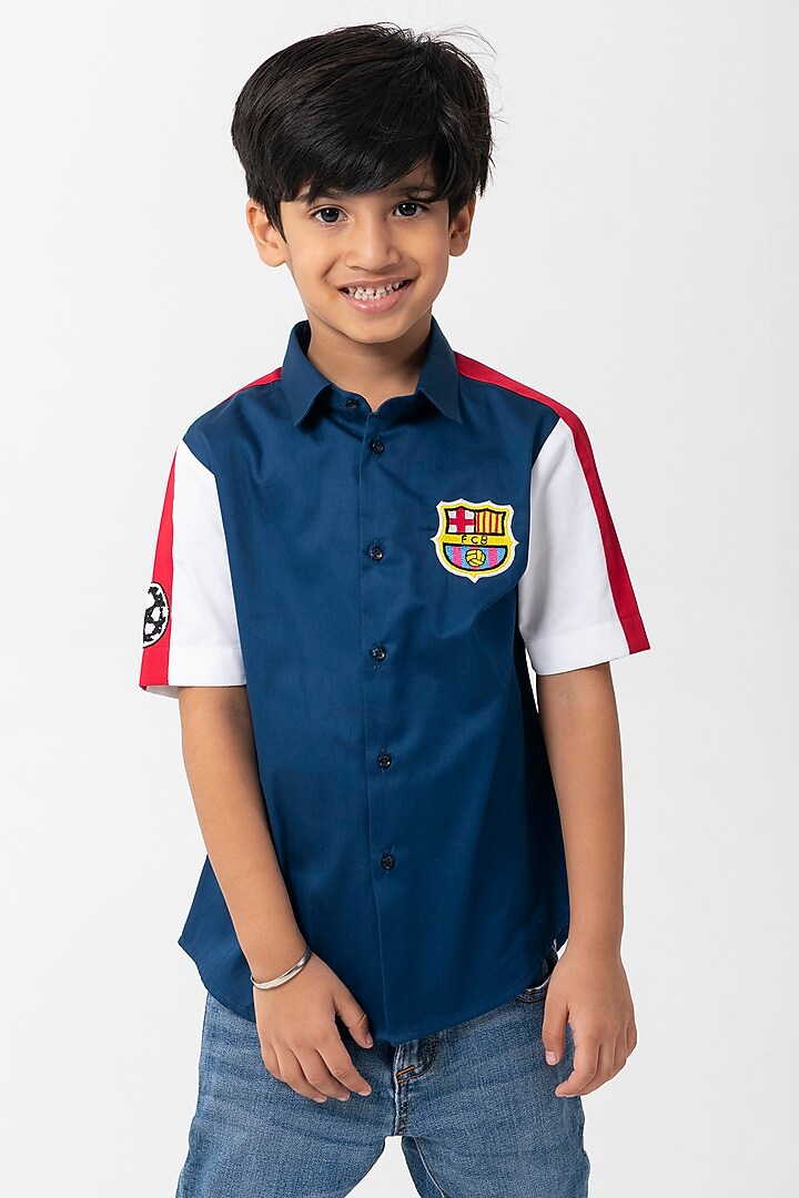 Navy Blue Cotton Resham Handwork Shirt For Boys by Partykles at Pernia's Pop Up Shop