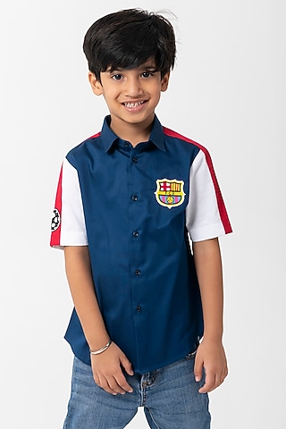 Navy Blue Cotton Resham Handwork Shirt For Boys by Partykles
