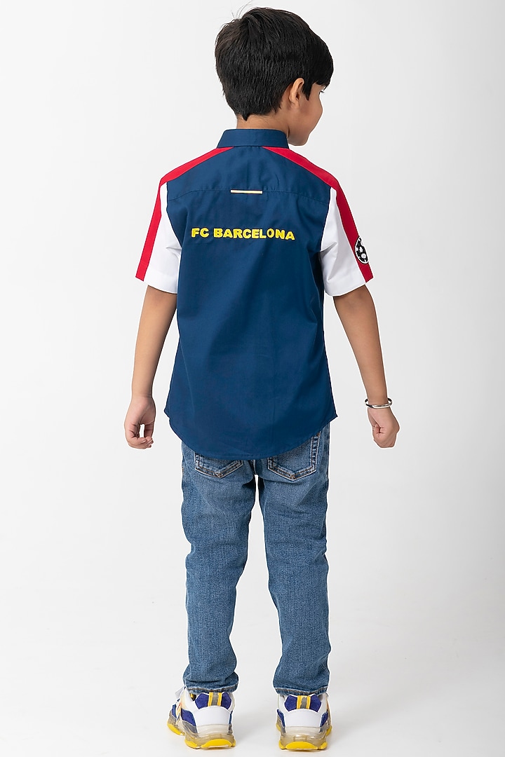 Navy Blue Cotton Resham Handwork Shirt For Boys by Partykles at Pernia's Pop Up Shop
