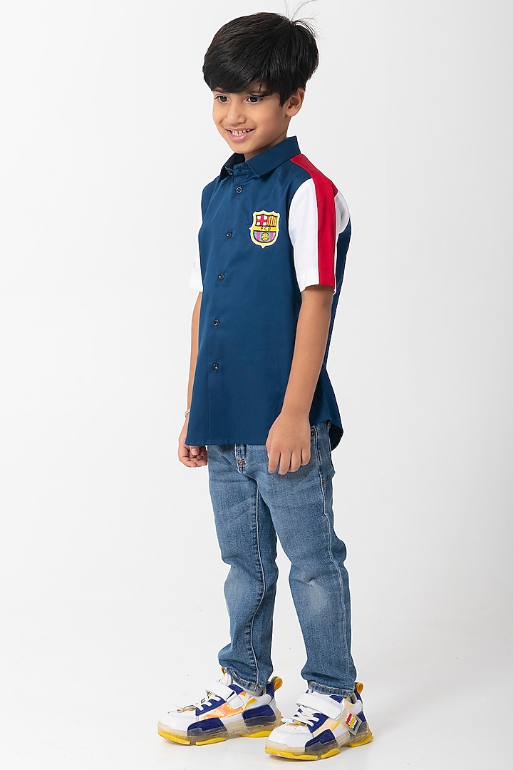 Navy Blue Cotton Resham Handwork Shirt For Boys by Partykles at Pernia's Pop Up Shop
