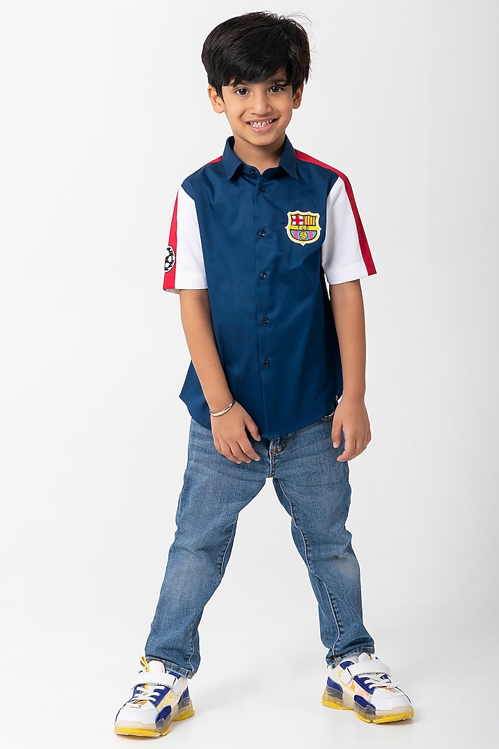 Navy Blue Cotton Resham Handwork Shirt For Boys by Partykles at Pernia's Pop Up Shop