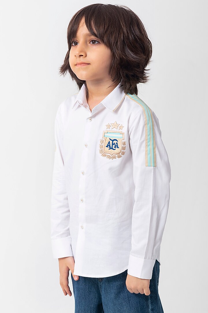 White Cotton Resham Handwork Shirt For Boys by Partykles at Pernia's Pop Up Shop