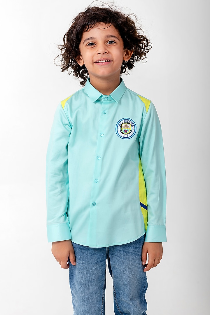 Aqua Blue Cotton Resham Handwork Shirt For Boys by Partykles at Pernia's Pop Up Shop