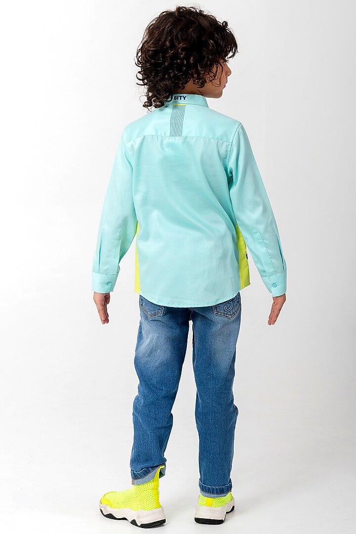 Aqua Blue Cotton Resham Handwork Shirt For Boys by Partykles at Pernia's Pop Up Shop