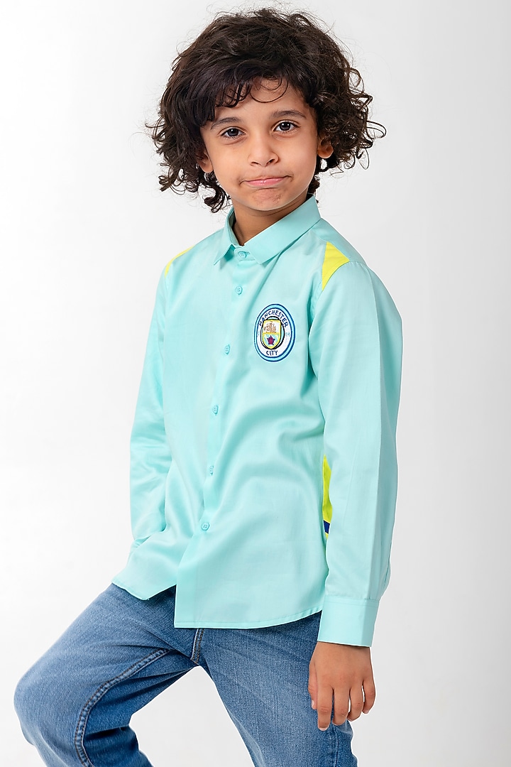 Aqua Blue Cotton Resham Handwork Shirt For Boys by Partykles at Pernia's Pop Up Shop