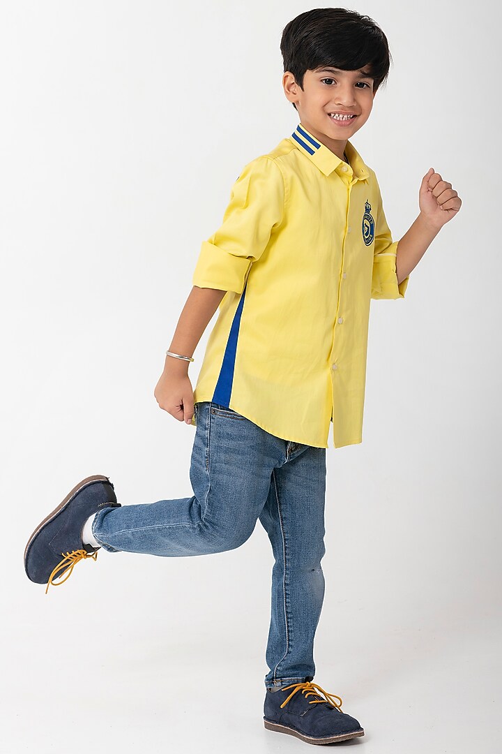 Yellow Cotton Resham Handwork Shirt For Boys by Partykles at Pernia's Pop Up Shop