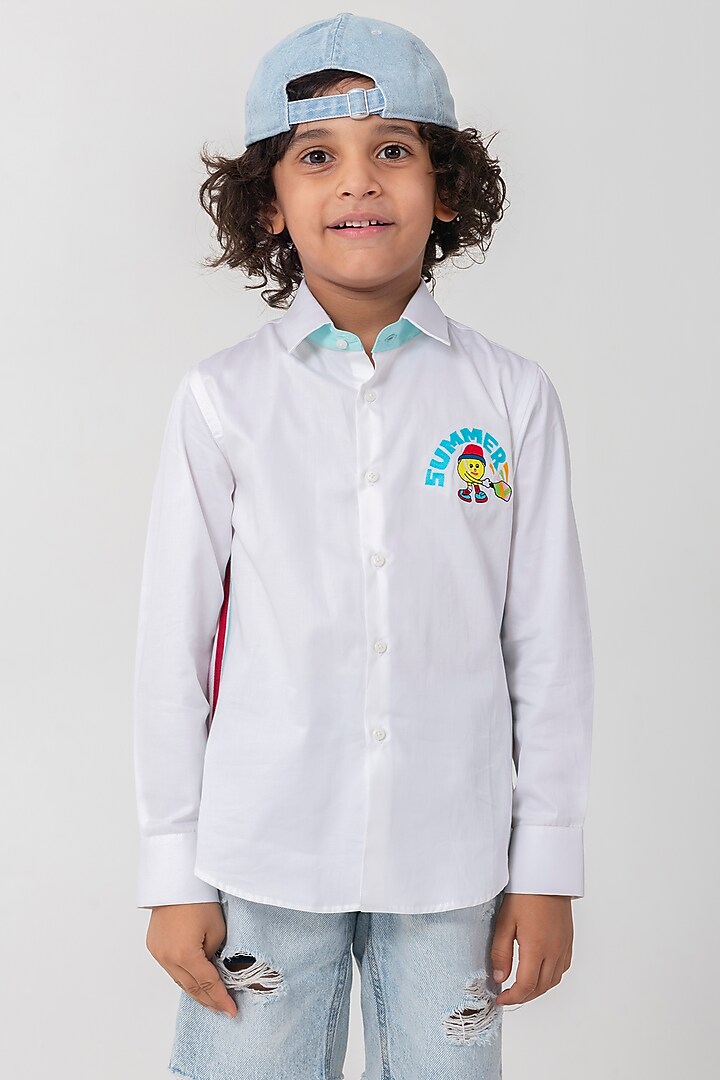 White Cotton Resham Handwork Shirt For Boys by Partykles at Pernia's Pop Up Shop