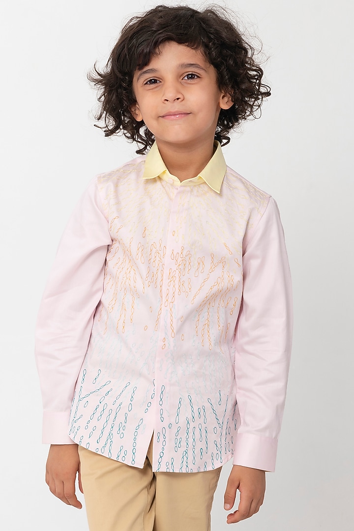 Pink Cotton Resham Machine Work Shirt For Boys by Partykles at Pernia's Pop Up Shop