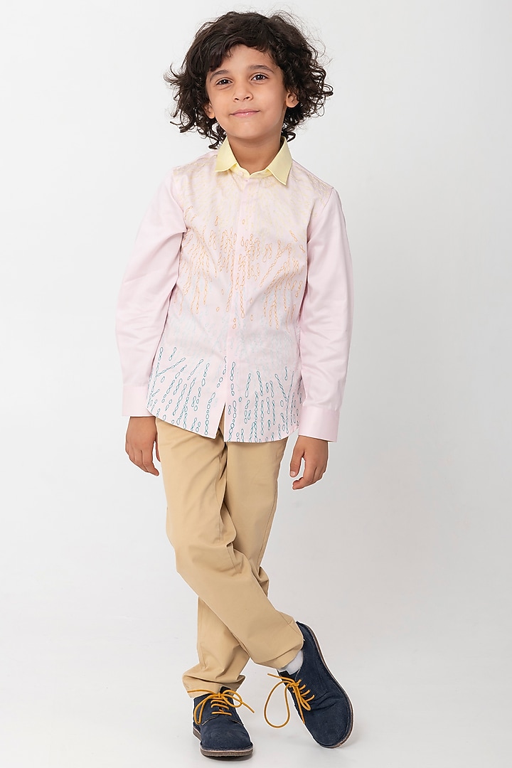 Pink Cotton Resham Machine Work Shirt For Boys by Partykles at Pernia's Pop Up Shop