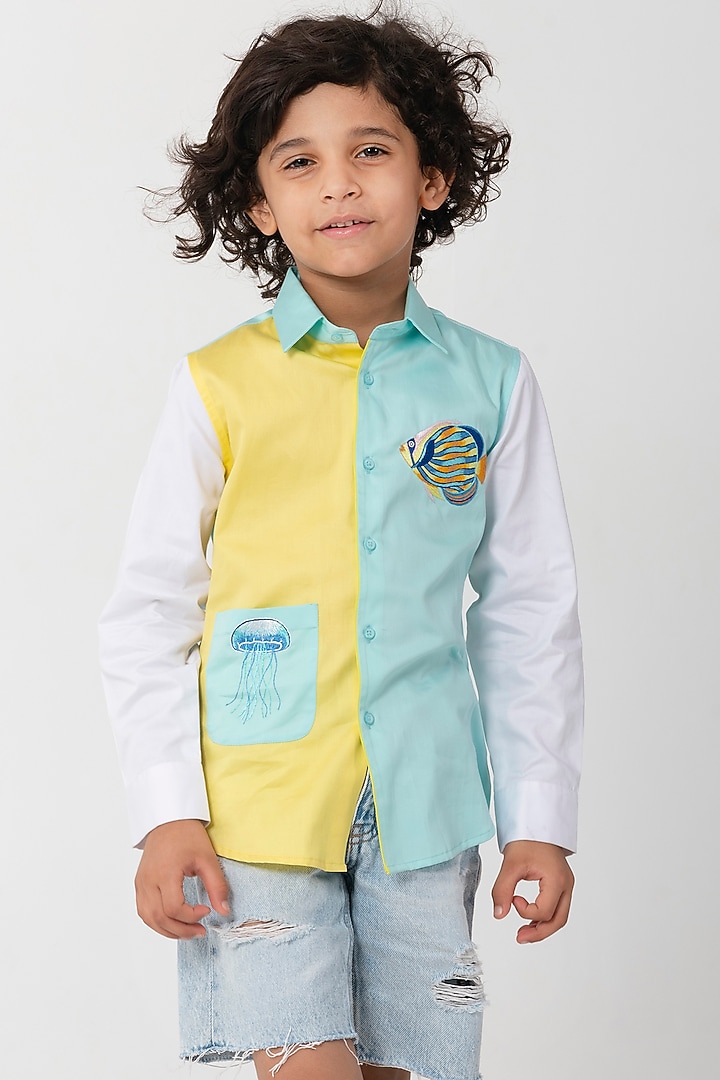 Aqua Blue Cotton Resham Handwork Shirt For Boys by Partykles at Pernia's Pop Up Shop