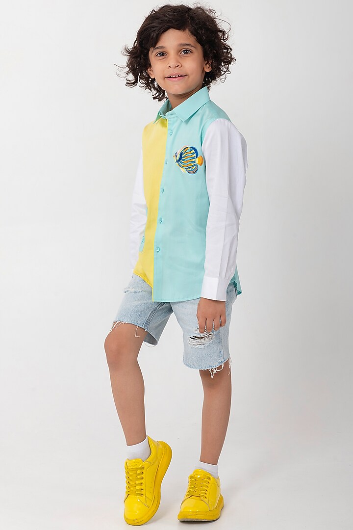 Aqua Blue Cotton Resham Handwork Shirt For Boys by Partykles at Pernia's Pop Up Shop
