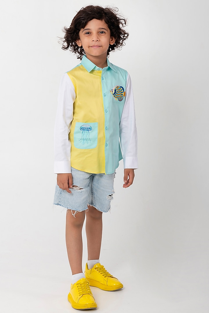Aqua Blue Cotton Resham Handwork Shirt For Boys by Partykles at Pernia's Pop Up Shop
