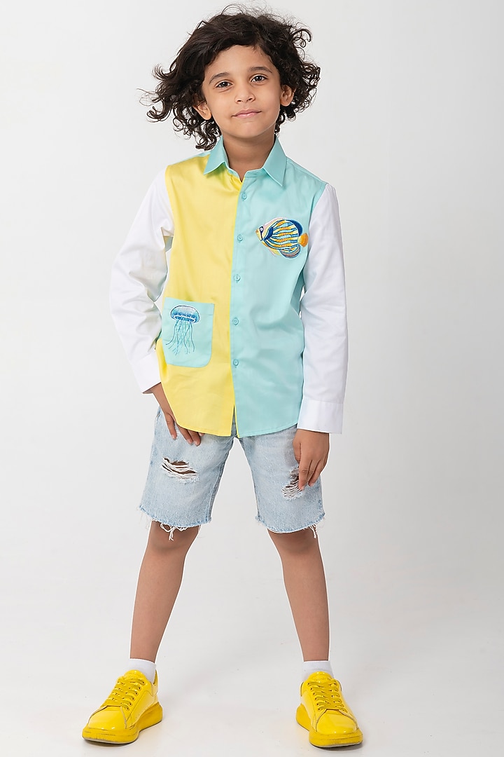 Aqua Blue Cotton Resham Handwork Shirt For Boys by Partykles at Pernia's Pop Up Shop