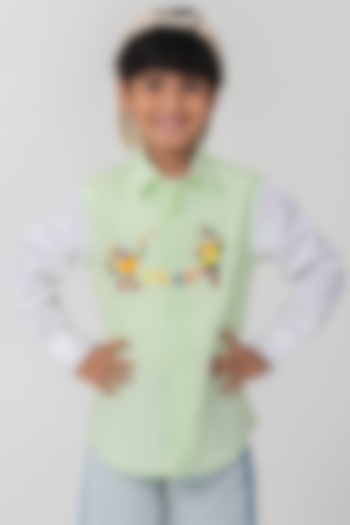 Sea Green Cotton Resham Handwork Shirt For Boys by Partykles at Pernia's Pop Up Shop