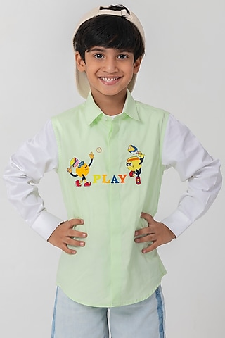 Sea Green Cotton Resham Handwork Shirt For Boys by Partykles