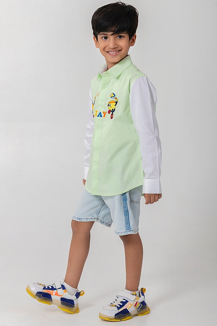 Sea Green Cotton Resham Handwork Shirt For Boys by Partykles at Pernia's Pop Up Shop