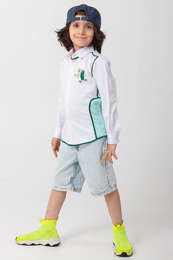 White Cotton Resham Handwork Shirt For Boys by Partykles at Pernia's Pop Up Shop