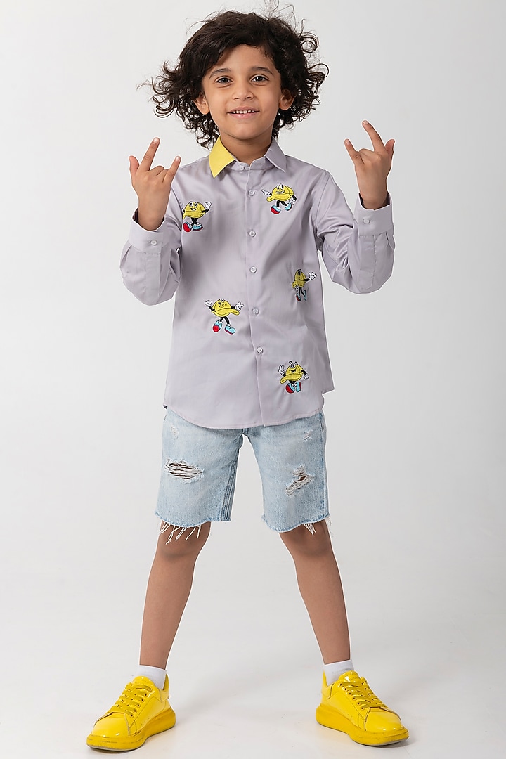 Grey Cotton Resham Handwork Shirt For Boys by Partykles at Pernia's Pop Up Shop