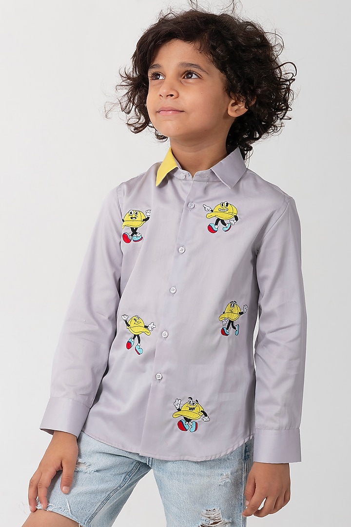 Grey Cotton Resham Handwork Shirt For Boys by Partykles at Pernia's Pop Up Shop