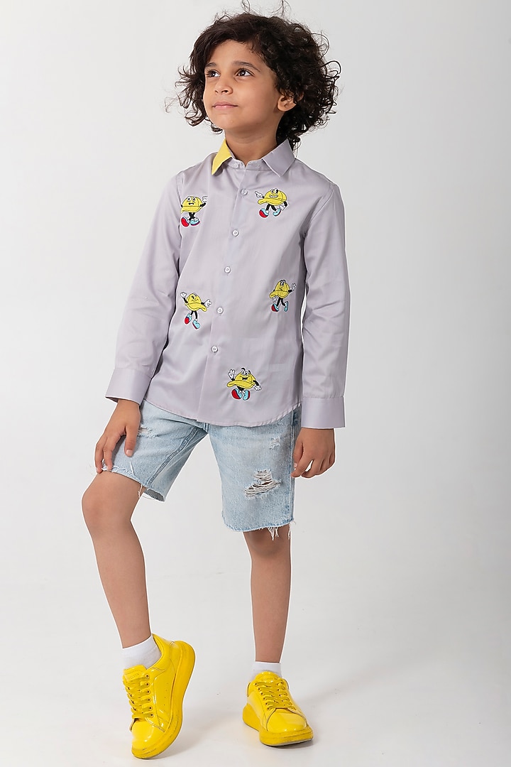 Grey Cotton Resham Handwork Shirt For Boys by Partykles at Pernia's Pop Up Shop