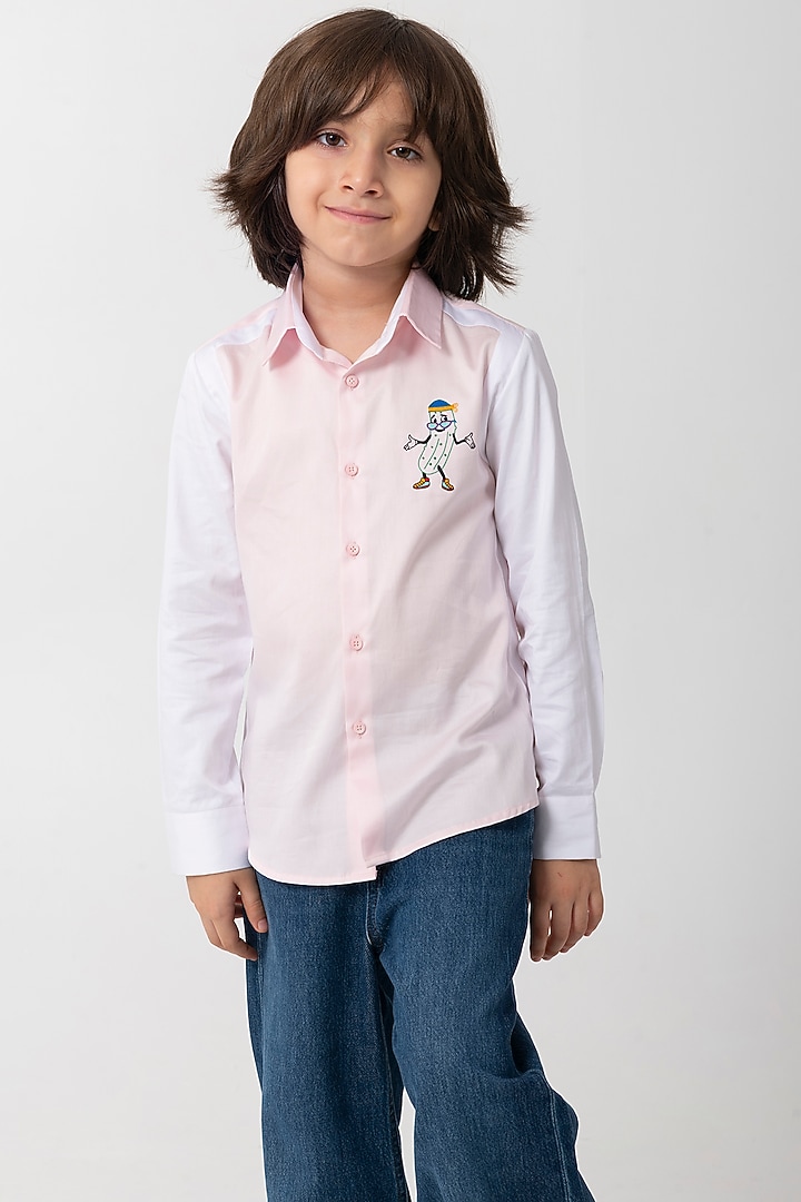Pink Cotton Pickle Logo Embroidered Shirt For Boys by Partykles at Pernia's Pop Up Shop