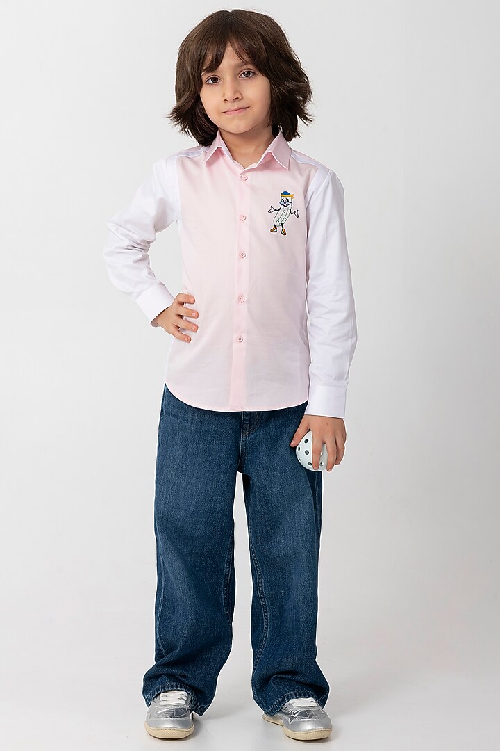 Pink Cotton Pickle Logo Embroidered Shirt For Boys by Partykles at Pernia's Pop Up Shop