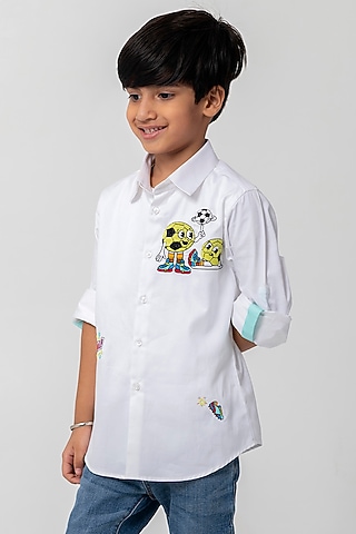 White Cotton Football Embroidered Shirt For Boys by Partykles