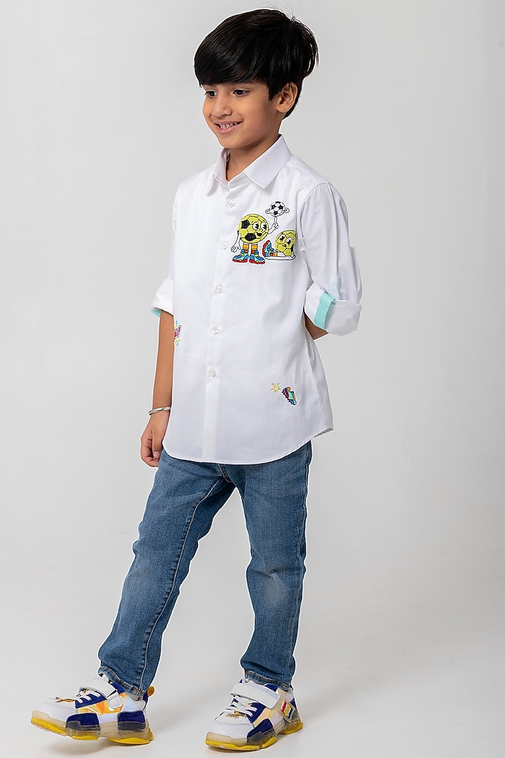 White Cotton Football Embroidered Shirt For Boys by Partykles at Pernia's Pop Up Shop