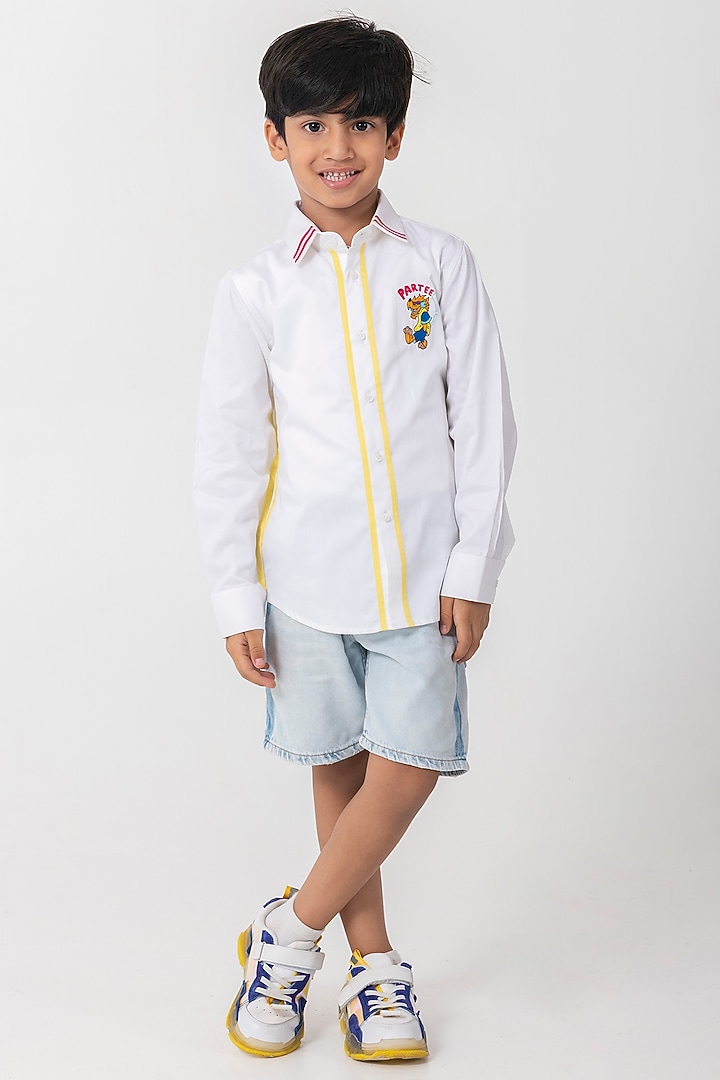 White Cotton Resham Handwork Shirt For Boys by Partykles at Pernia's Pop Up Shop
