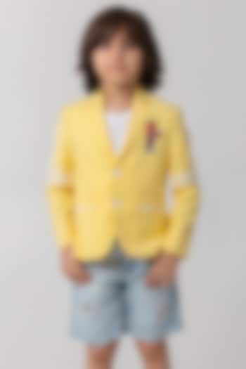 Pastel Yellow Terry Rayon Resham Handwork Blazer For Boys by Partykles at Pernia's Pop Up Shop