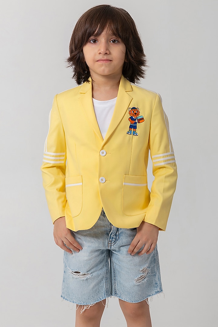 Pastel Yellow Terry Rayon Resham Handwork Blazer For Boys by Partykles at Pernia's Pop Up Shop