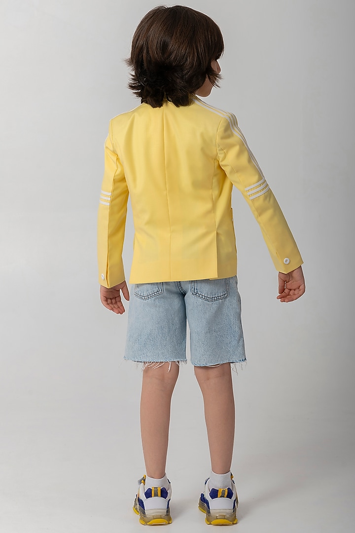 Pastel Yellow Terry Rayon Resham Handwork Blazer For Boys by Partykles at Pernia's Pop Up Shop
