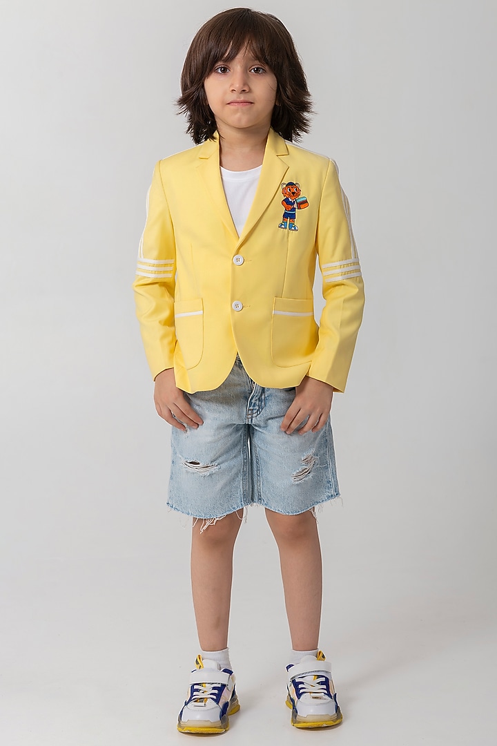 Pastel Yellow Terry Rayon Resham Handwork Blazer For Boys by Partykles at Pernia's Pop Up Shop