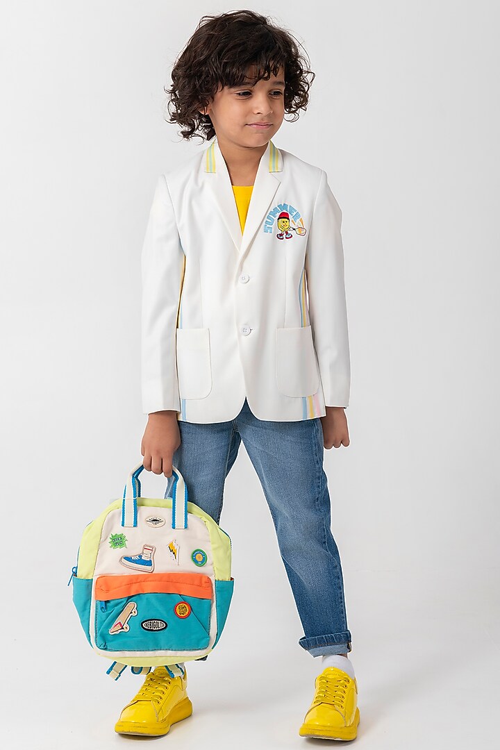White Terry Rayon Resham Handwork Blazer For Boys by Partykles at Pernia's Pop Up Shop