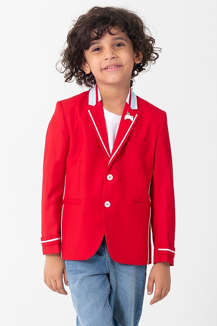 Red Terry Rayon Blazer For Boys by Partykles at Pernia's Pop Up Shop