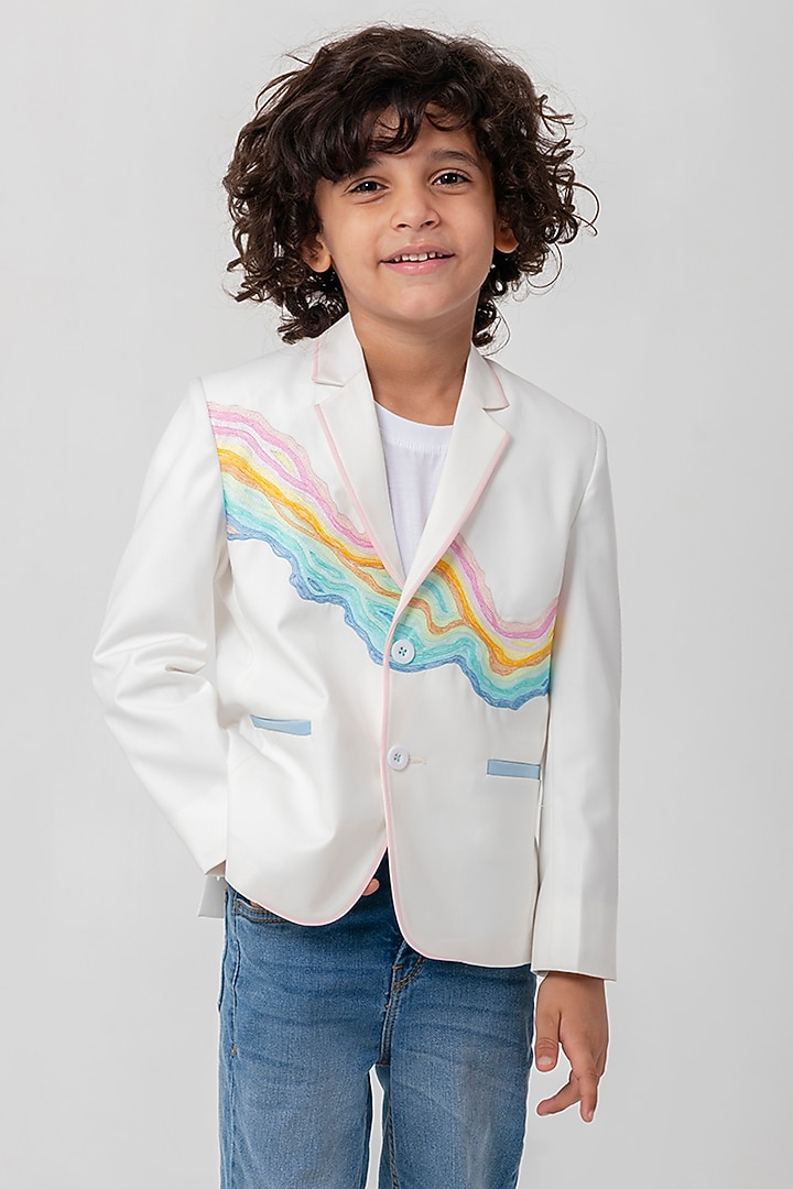 White Terry Rayon Resham Handwork Blazer For Boys by Partykles at Pernia's Pop Up Shop