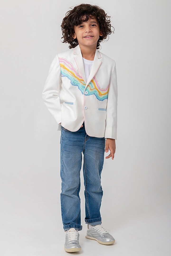 White Terry Rayon Resham Handwork Blazer For Boys by Partykles at Pernia's Pop Up Shop