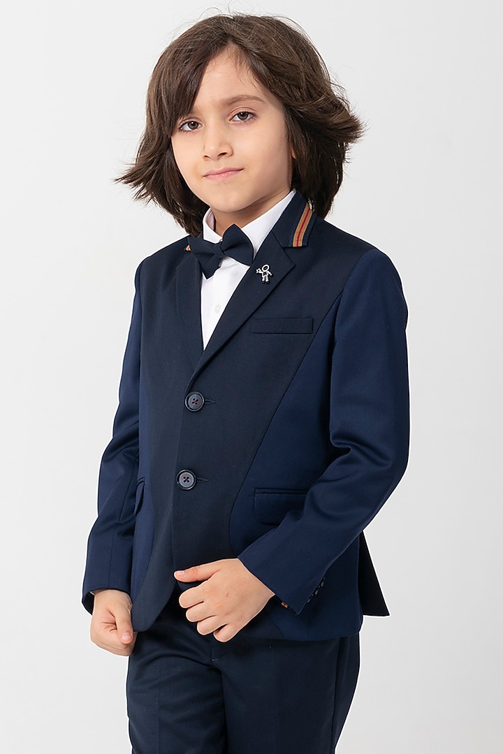 Navy Blue Terry Rayon Blazer For Boys by Partykles at Pernia's Pop Up Shop