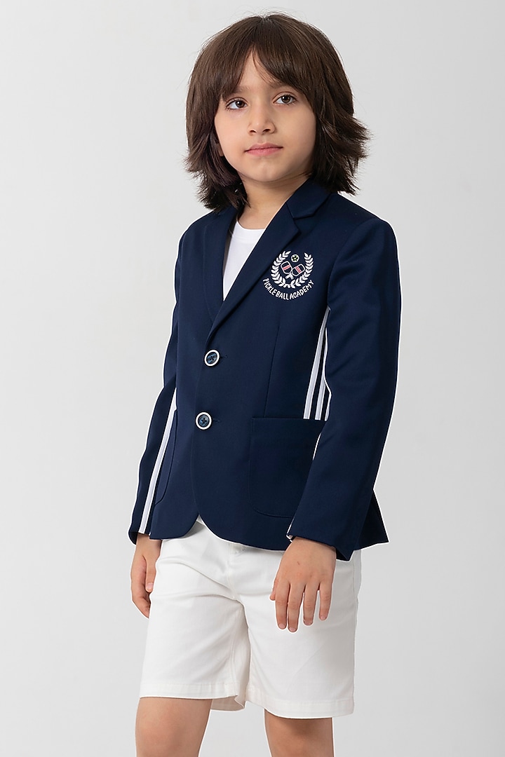 Navy BLue Terry Rayon Resham Handwork Blazer For Boys by Partykles at Pernia's Pop Up Shop