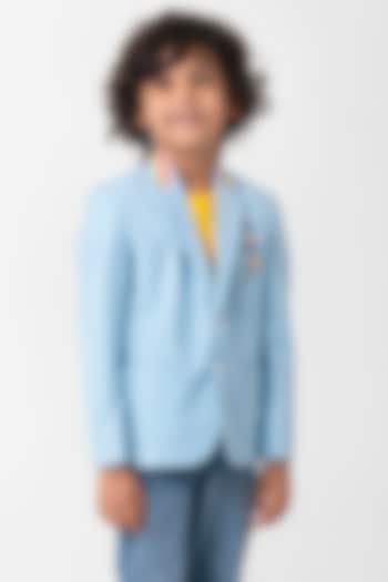 Powder Blue Terry Rayon Resham Handwork Blazer For Boys by Partykles at Pernia's Pop Up Shop