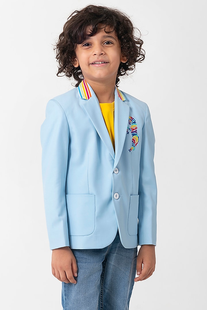 Powder Blue Terry Rayon Resham Handwork Blazer For Boys by Partykles at Pernia's Pop Up Shop